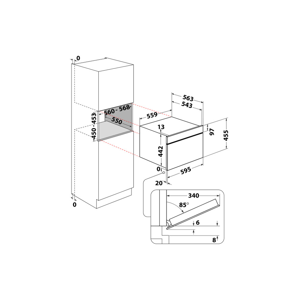 Whirlpool Microgolfoven Inbouw WCW7O7HTSB Zwart Elektronisch 53 Combimicrogolfoven 950 Technical drawing
