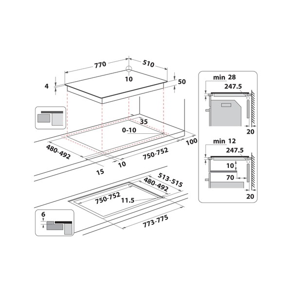 Indesit Table de cuisson IB 21B77 NE Noir Induction vitroceramic Technical drawing