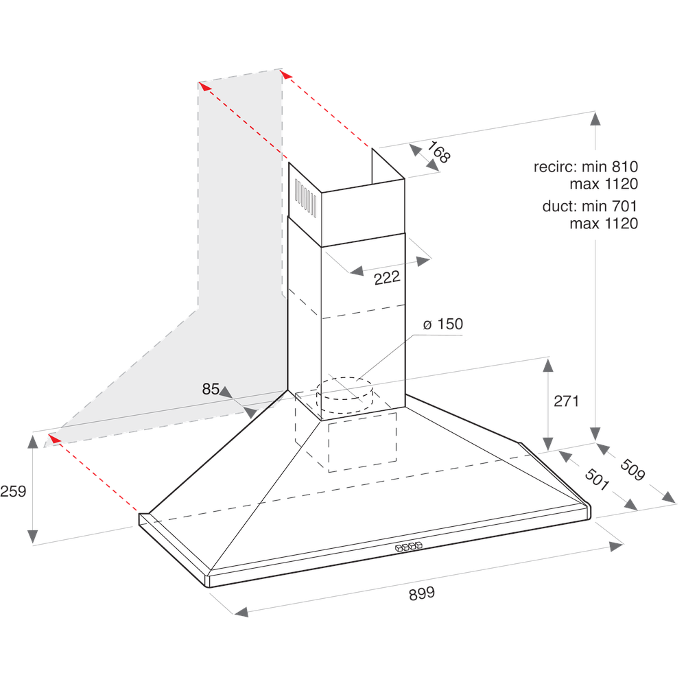 Ariston HOOD Built-in AHPN 9.4F AM X Inox Wall-mounted Mechanical Technical drawing