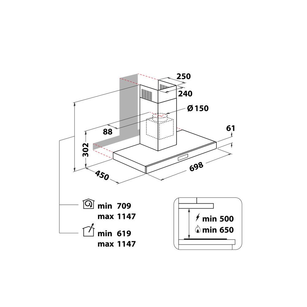 Hotpoint_Ariston Campana Incorporado HHBS 7.7F LT X Inox Wall-mounted Electrónico Technical drawing