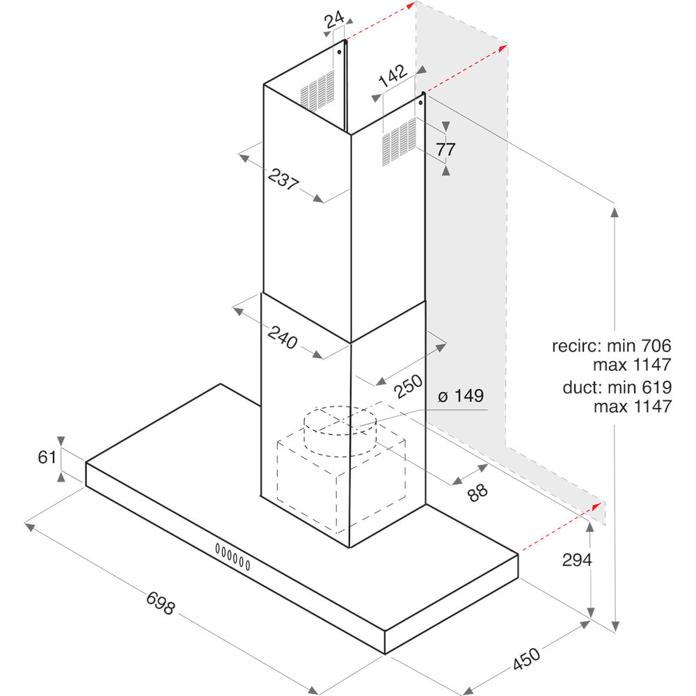 Hotpoint_Ariston Exaustor Encastre HHBS 7.7F LT X Inox Wall-mounted Eletrónico Technical drawing