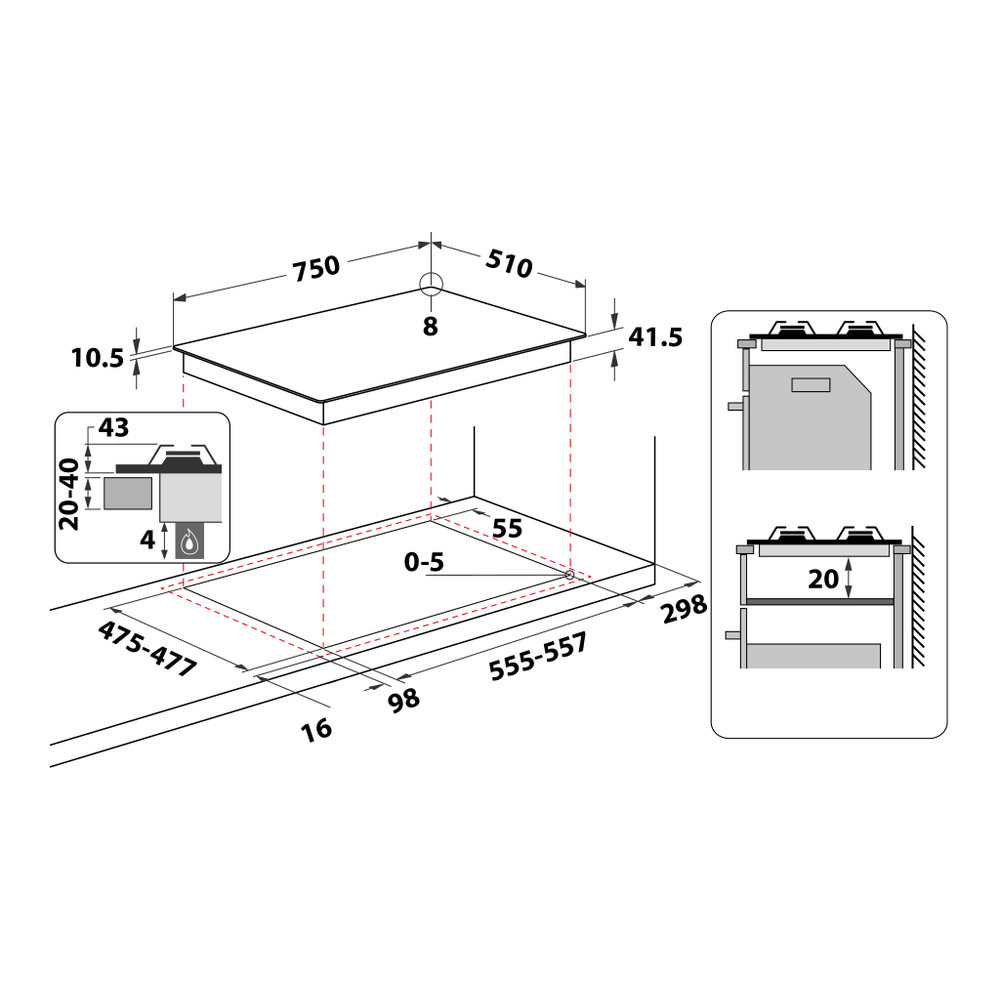 Whirlpool Table de cuisson POW 75D2/NB Noir GAS Technical drawing
