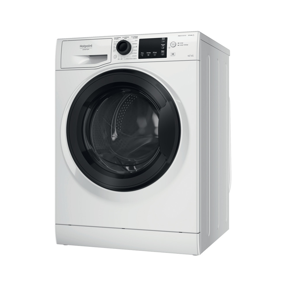 Hotpoint_Ariston Lavante-séchante Pose-libre NDB 9636 KA FR Blanc Lave-linge frontal Perspective