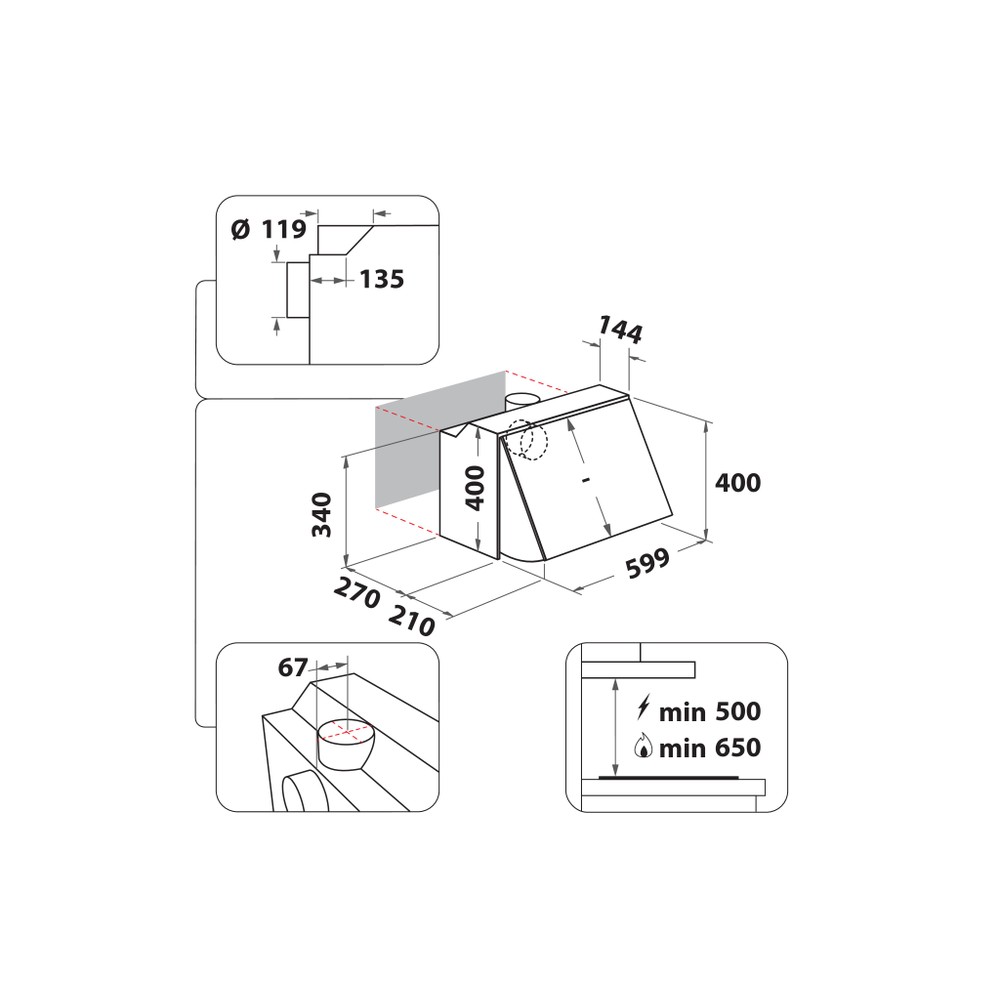 Hotpoint HOOD Built-in PAEINT 66F LS W White Built-in Mechanical Technical drawing