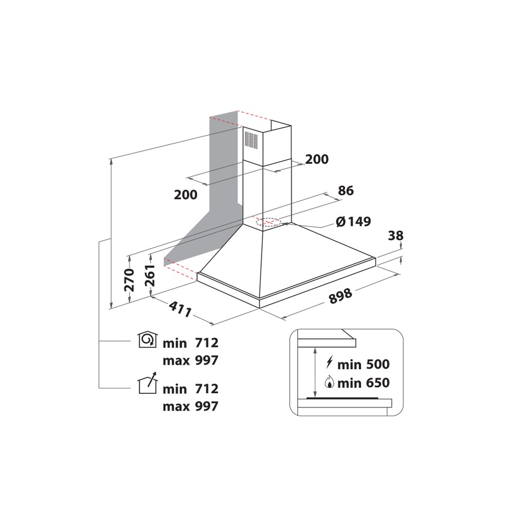 Hotpoint HOOD Built-in PHPN9.5FLMX/1 Inox Wall-mounted Mechanical Technical drawing