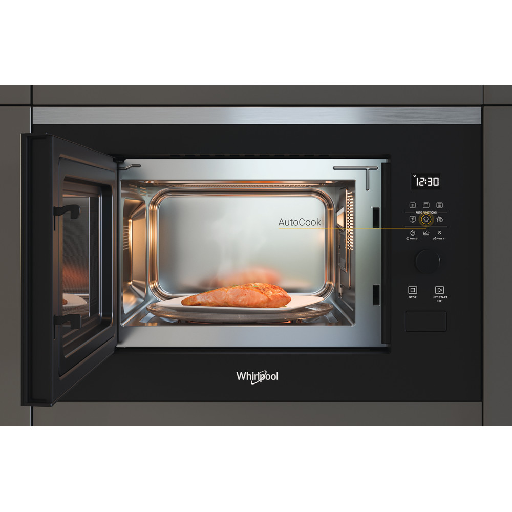 Whirlpool Mikrohullámú sütő Beépíthető WMF250G Inox Elektromos 25 Mikrohullám+Grill funkció 900 Lifestyle frontal open