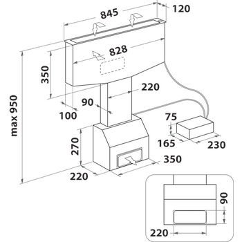 Whirlpool Exaustor Encastre WDO 93F B K Preto Frigorífico de bancada Eletrónico Technical drawing
