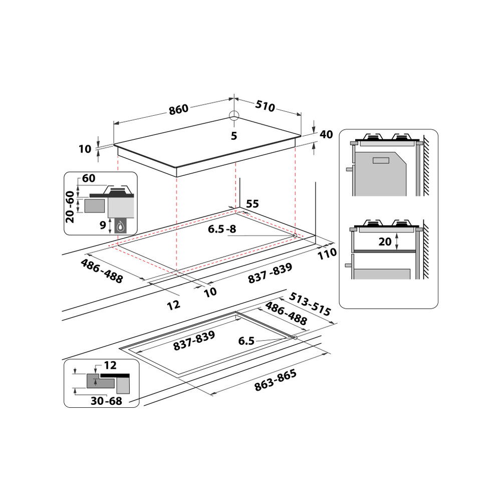 Whirlpool Table de cuisson GOWL 928/NB Noir GAS Technical drawing