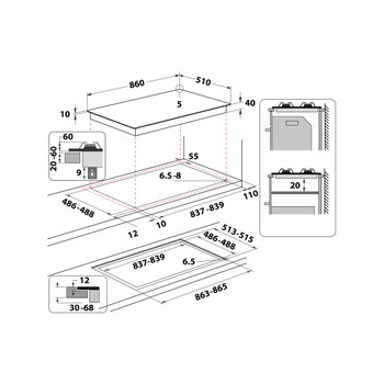 Whirlpool Table de cuisson GOWL 928/NB Noir GAS Technical drawing