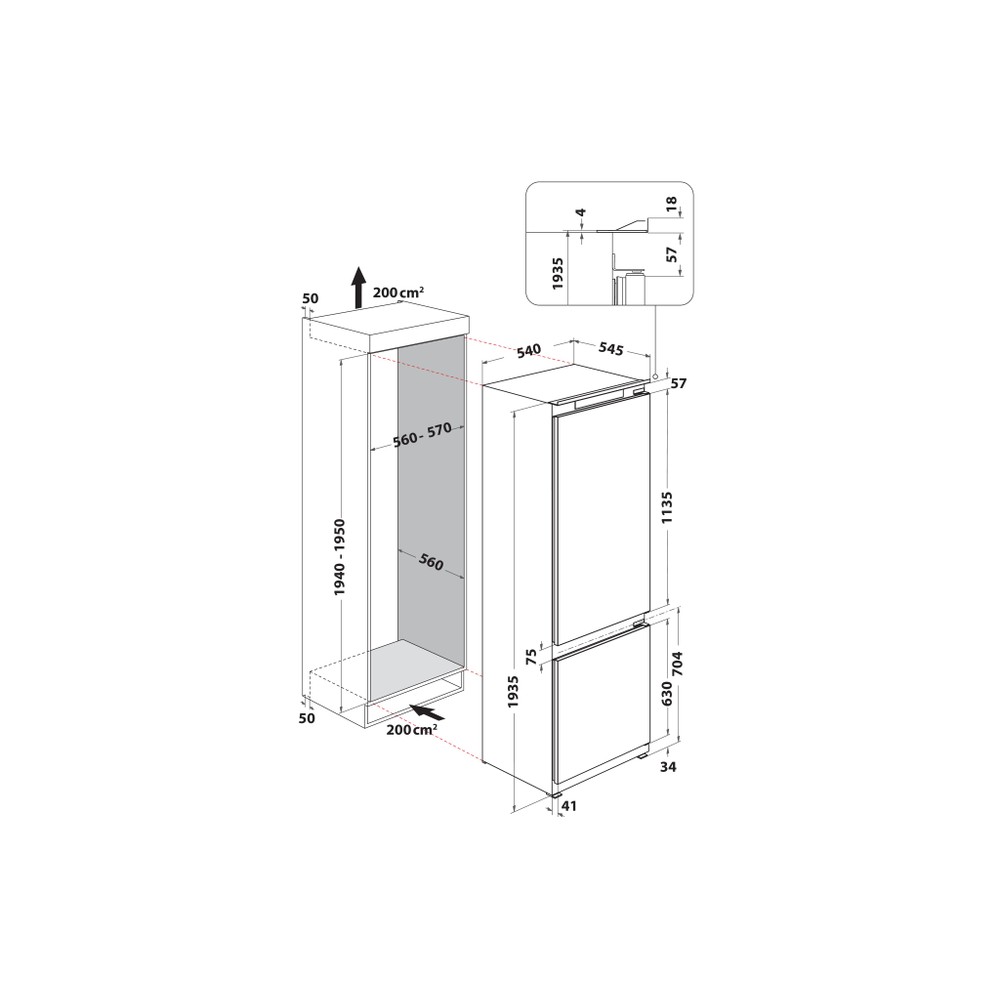 Whirlpool Kombinovaná chladnička s mrazničkou Vestavné WHC20D011B2 Bílá 2 doors Technical drawing