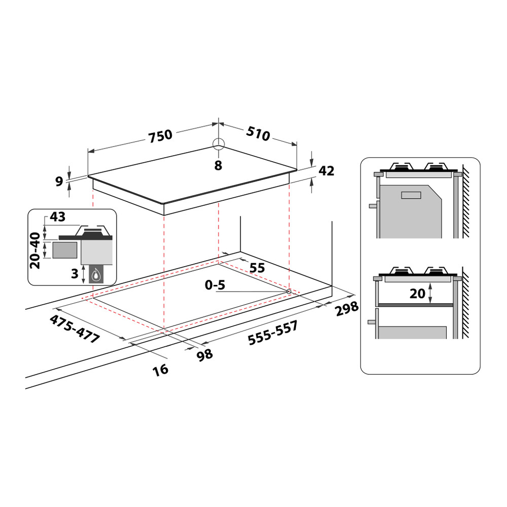 Whirlpool Hob PMW 75D2/IXL Inox Ixelium Gas Technical drawing