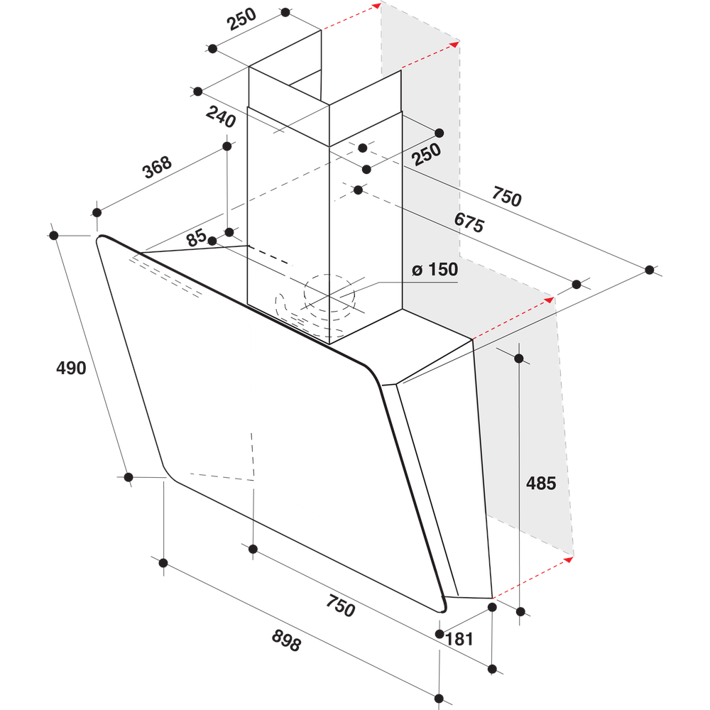 Whirlpool Витяжка Вбудований (-а) WHVS 91F LT DP K Чорний Пристінна Електронне Technical drawing