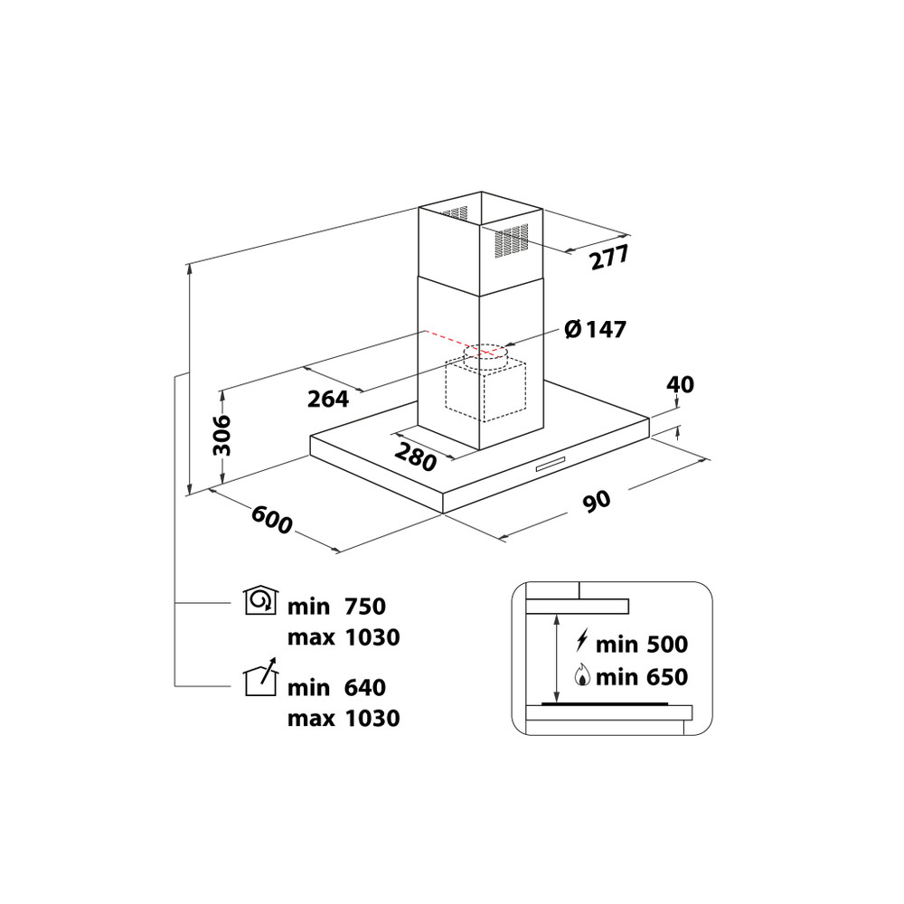 Whirlpool Exaustor Encastre WIB93LMX Inox Ilha Mecânico Technical drawing