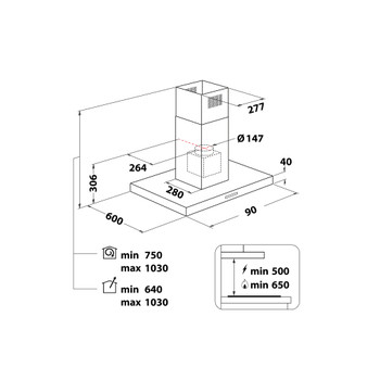 Whirlpool Afzuigkap Ingebouwd WIB93LMX Rvs Eiland Mechanisch Technical drawing