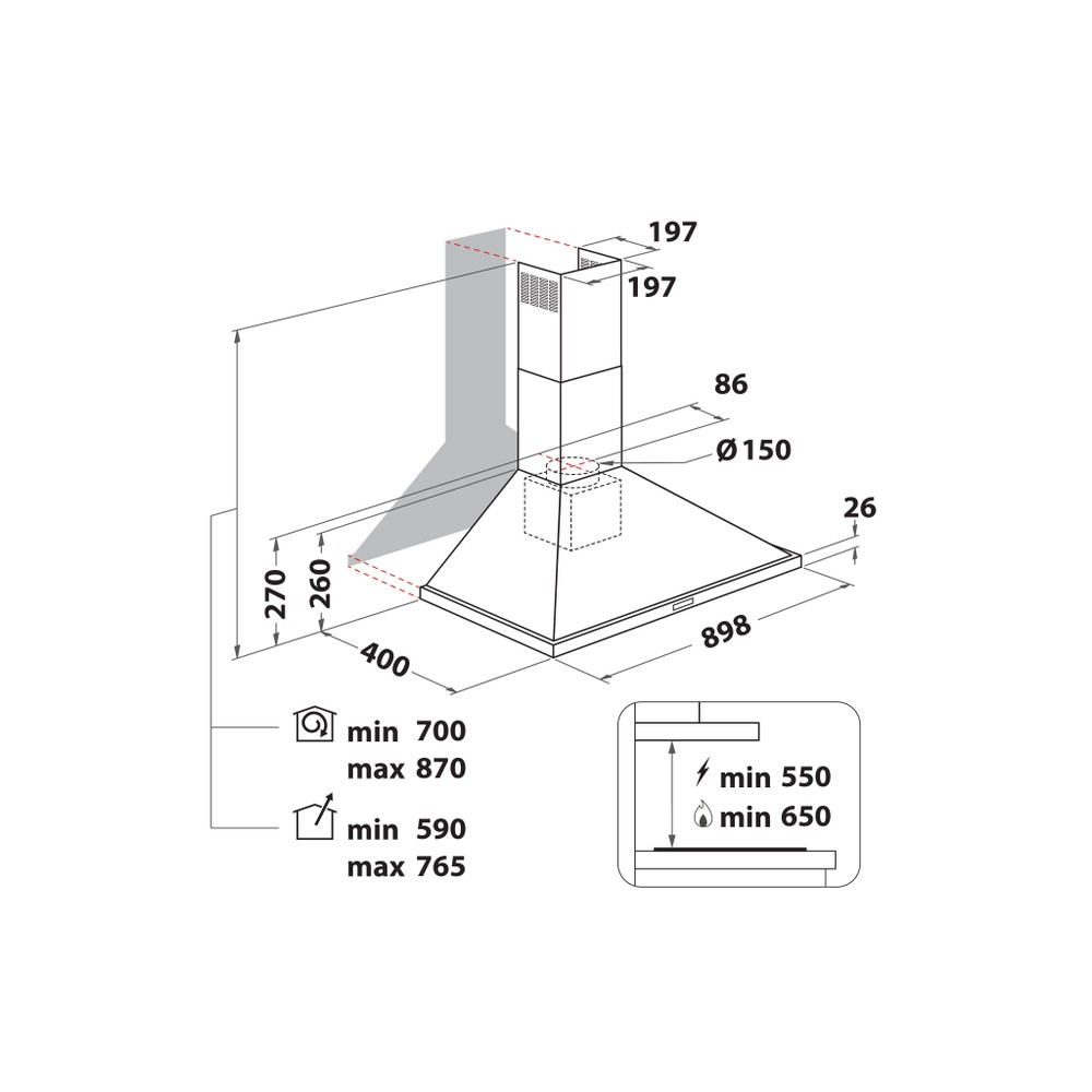 Indesit HOOD Built-in IHPC 9.5 LM X Inox Wall-mounted Mechanical Technical drawing