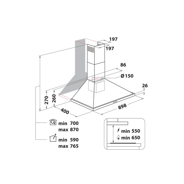 Indesit HOOD Built-in IHPC 9.5 LM X Inox Wall-mounted Mechanical Technical drawing