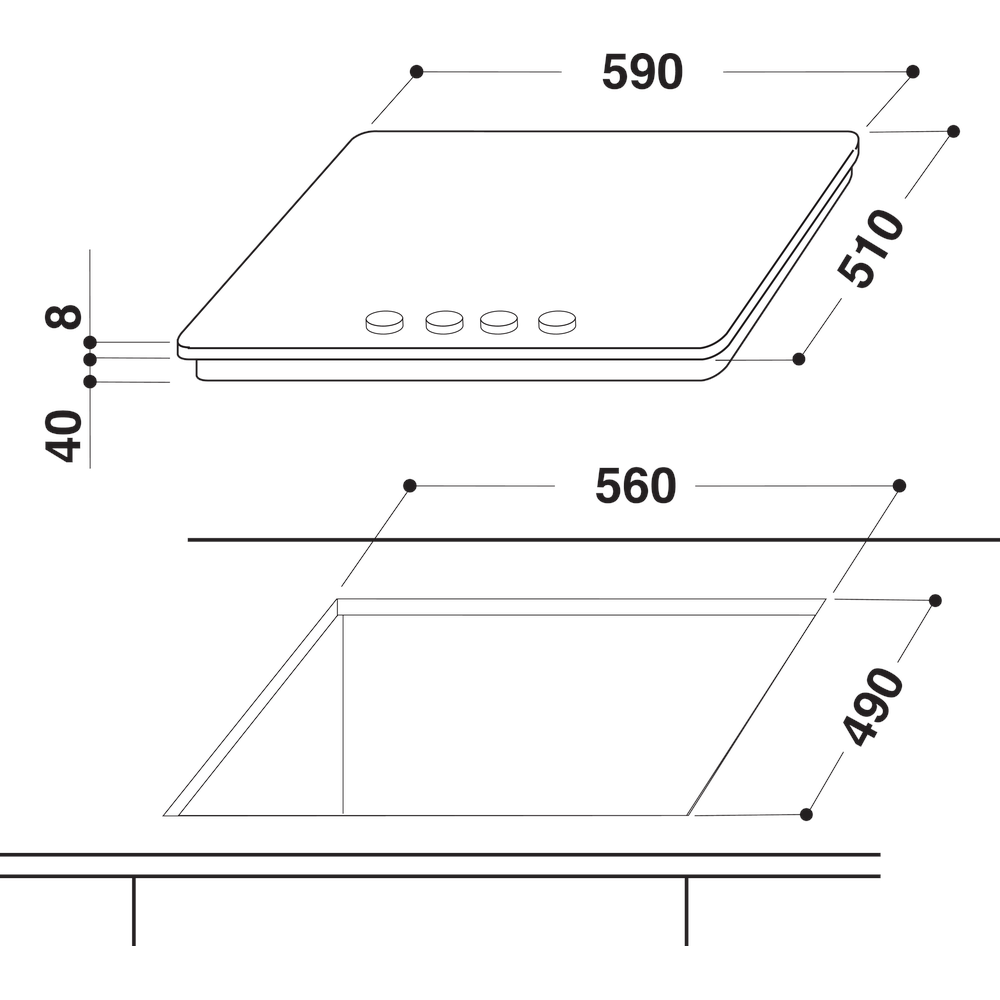 Whirlpool Table de cuisson AKT 404/NB Noir Gaz Technical drawing