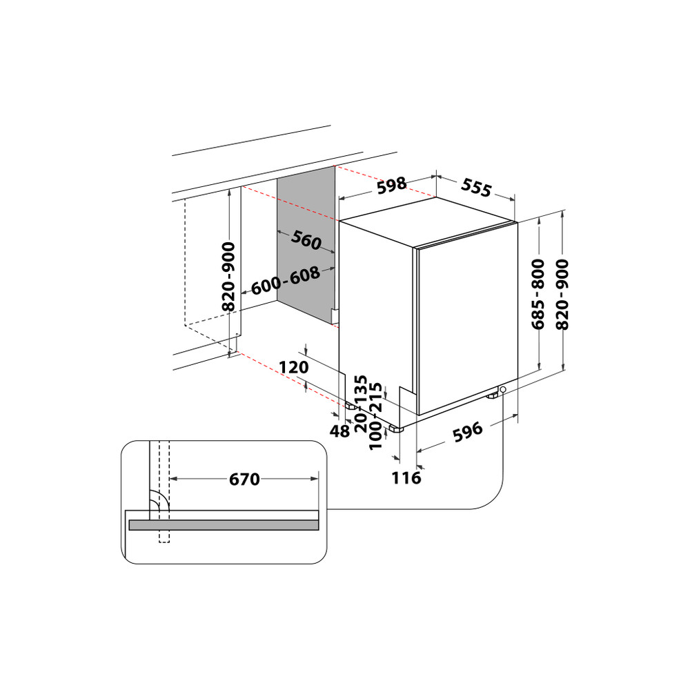 Whirlpool Vaatwasser Ingebouwd WIO 3T141 PES Volledig geïntegreerd C Technical drawing
