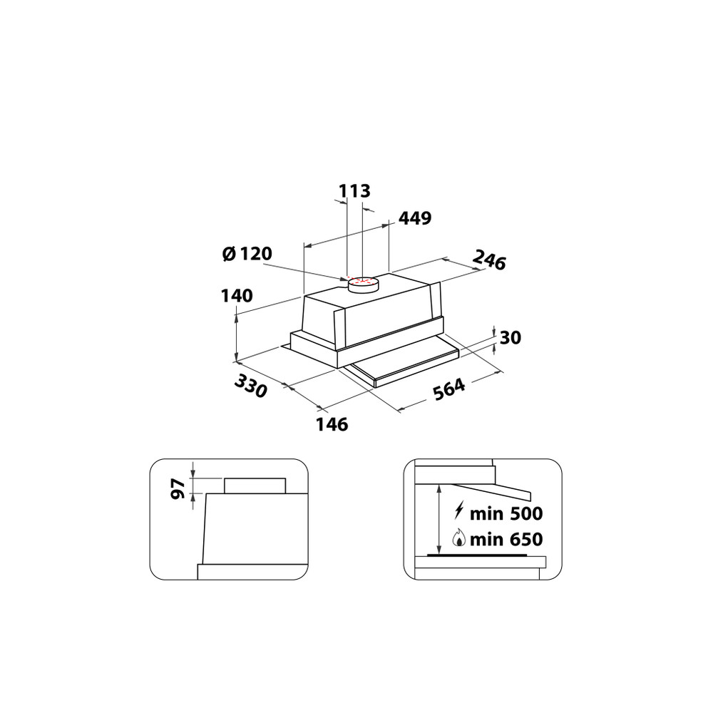 Whirlpool Exaustor Encastre WSK64FLSX Inox Encastre Mecânico Technical drawing