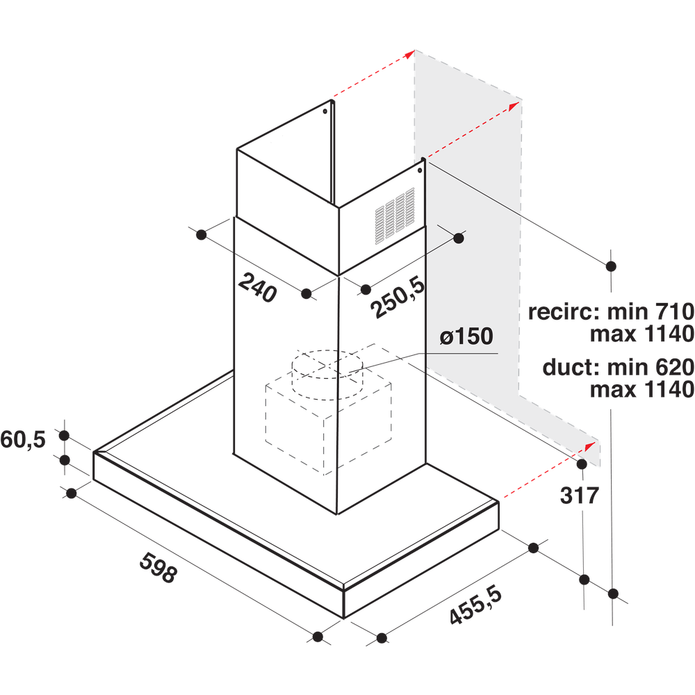 Whirlpool Витяжка Вбудований (-а) WHBS 62F LT K/1 Чорний Пристінна Електронне Technical drawing