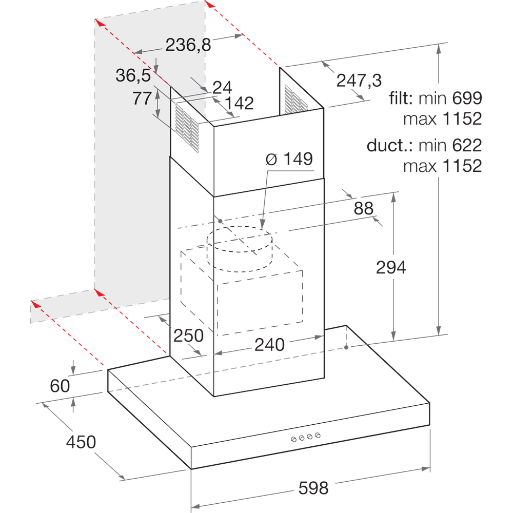 Indesit Emhætte Indbygget IHBS 6.5 LM X Rustfrit stål Vægmonteret Mekanisk Technical drawing