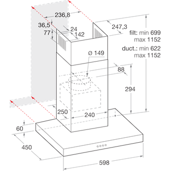 Indesit Exaustor Encastre IHBS 6.5 LM X Inox Wall-mounted Mecânico Technical drawing