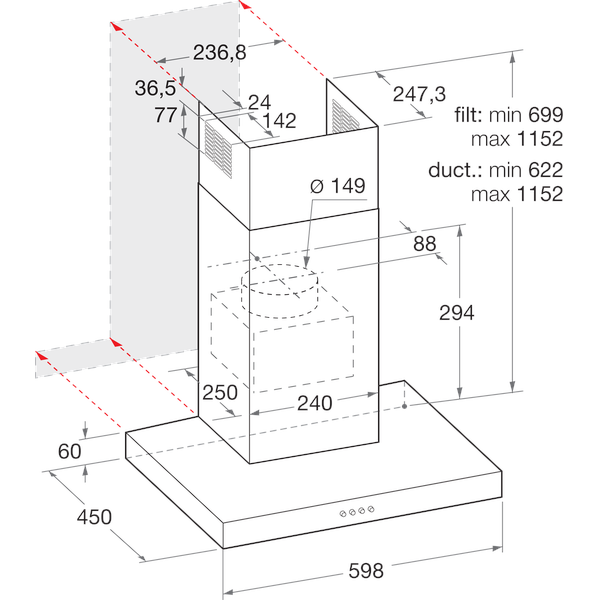 Indesit Emhætte Indbygget IHBS 6.5 LM X Rustfrit stål Vægmonteret Mekanisk Technical drawing