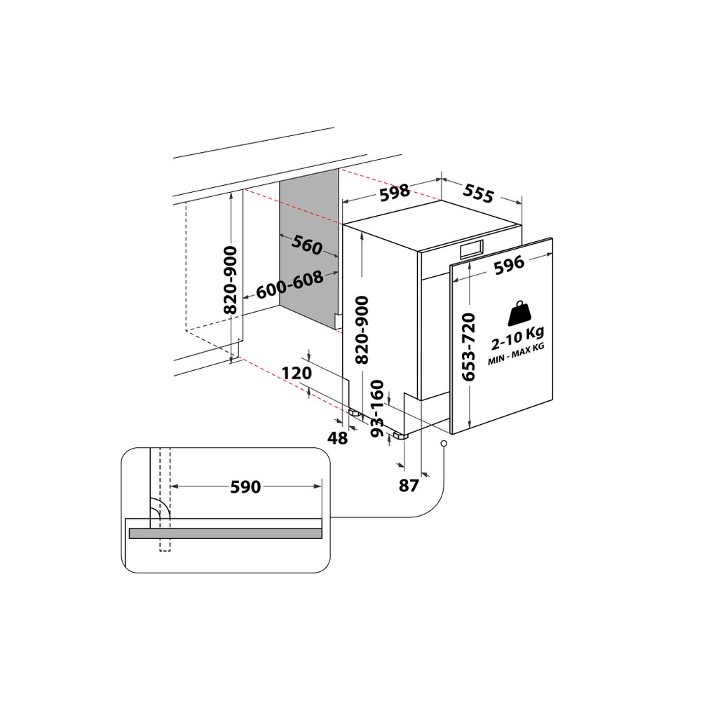 Whirlpool Mosogatógép Beépíthető WIO 3T133 PLE Full-integrated D Technical drawing