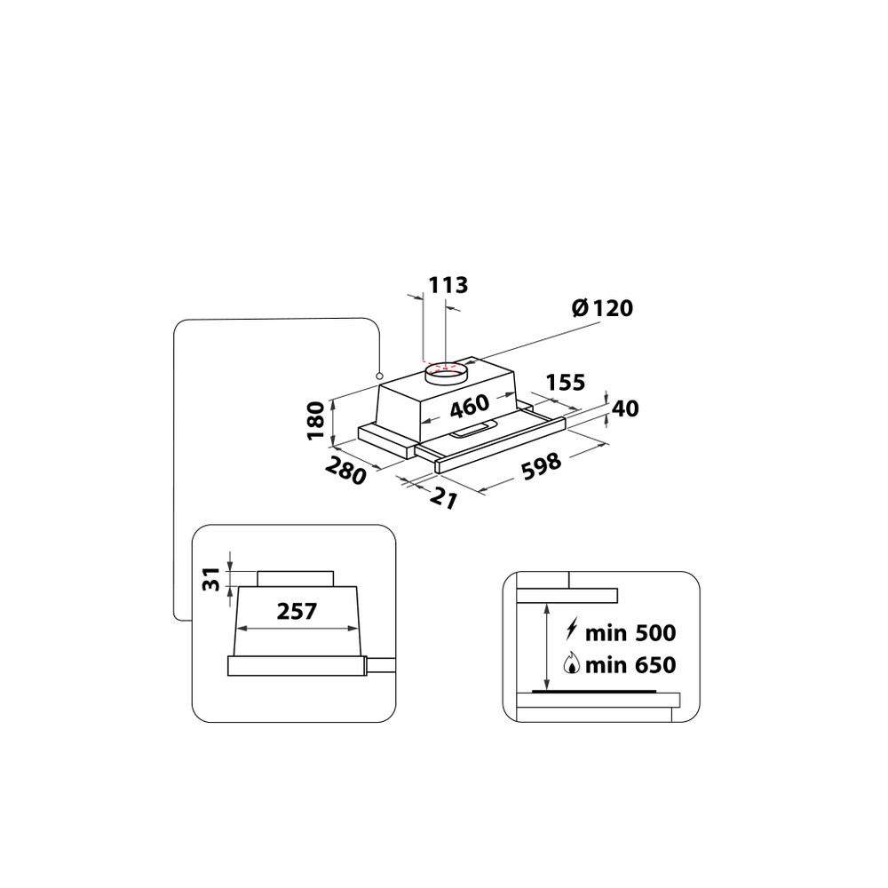 Hotpoint_Ariston Exaustor Encastre HAH 65 F LB X/1 Inox Encastre Mecânico Technical drawing