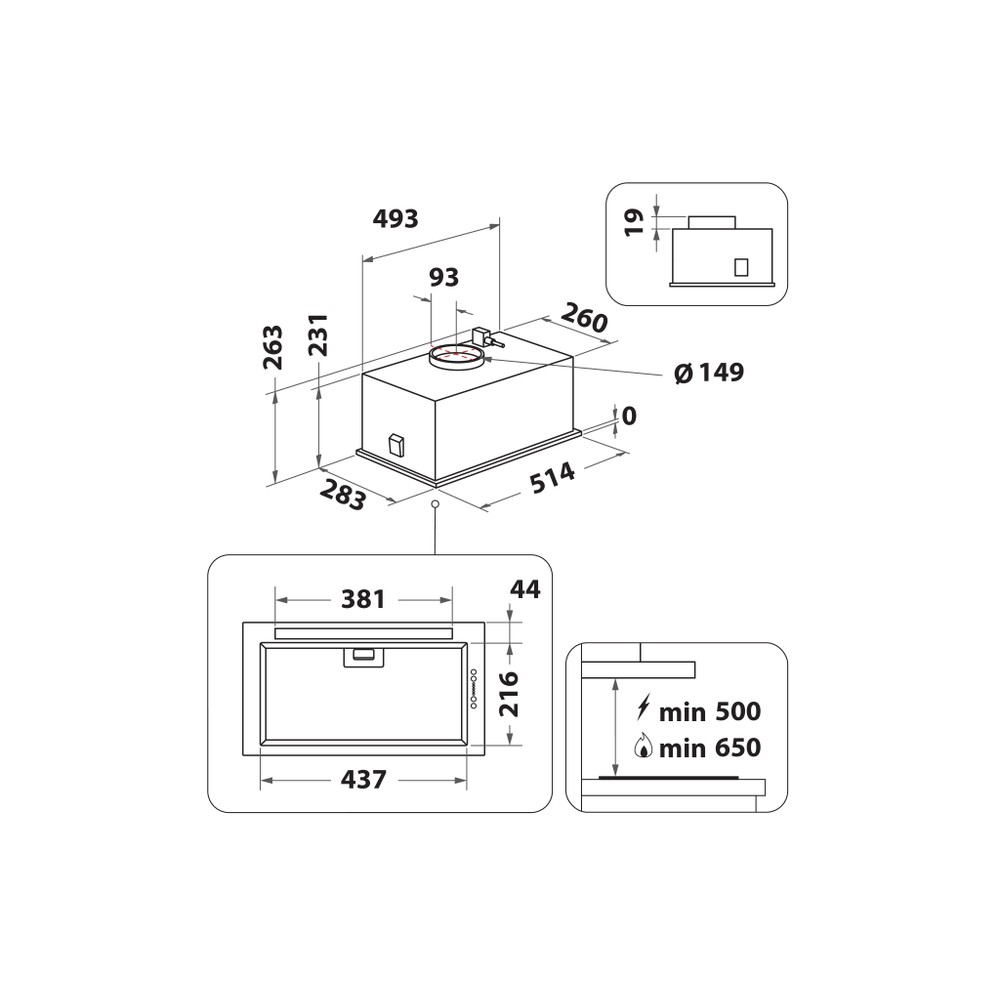 Whirlpool Campana Encastre WCTH 63F LEB X Inox Encastre Electrónico Technical drawing