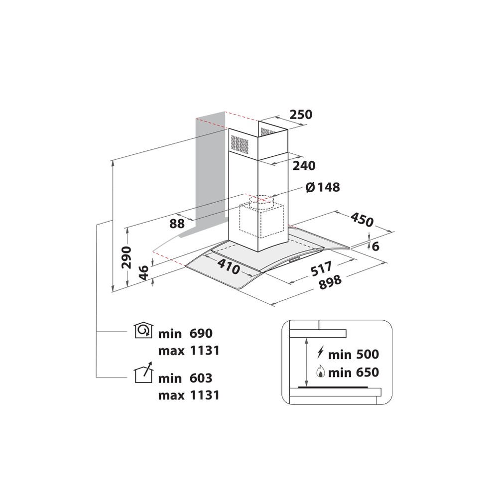 Hotpoint HOOD Built-in PHGC9.4FLMX Inox Wall-mounted Mechanical Technical drawing