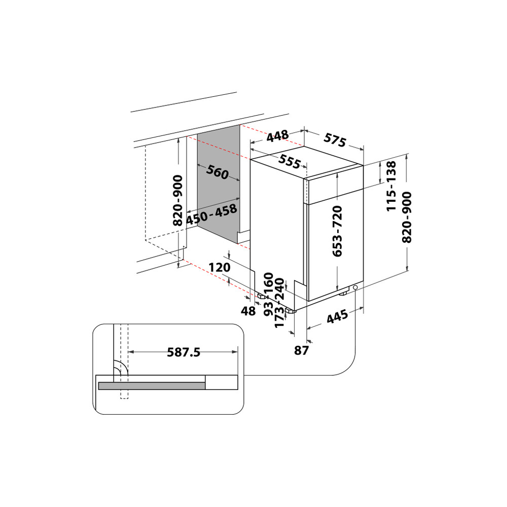 Bauknecht Geschirrspüler Einbaugerät BSBO 3O23 PF X CH Teilintegriert E Technical drawing