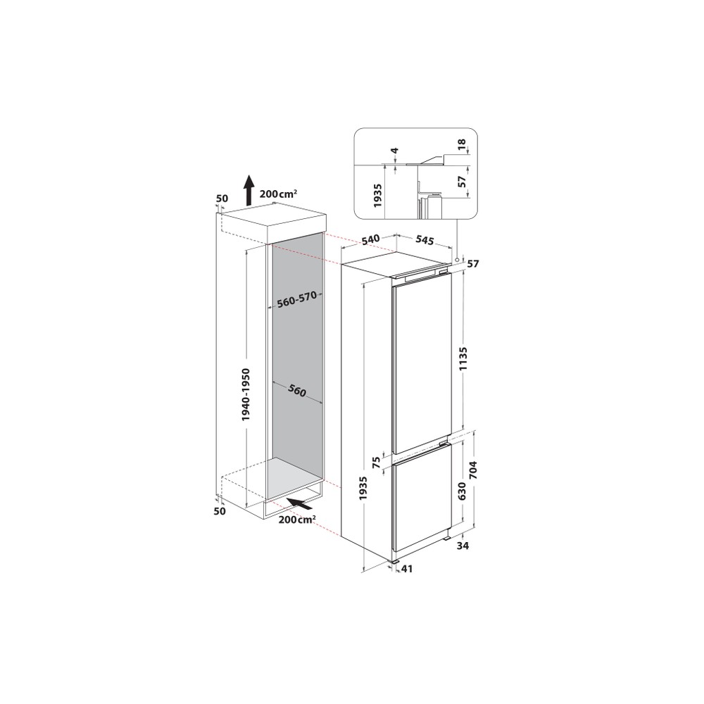 Whirlpool Kombinirani hladnjak Ugradbeni WNBB20SC22R Bijela 2 doors Technical drawing