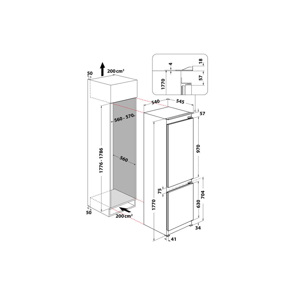 Whirlpool Réfrigérateur combiné Encastrable WHC18 T514 Blanc 2 portes Technical drawing