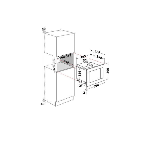 Indesit Microwave Built-in MWI 125 GX UK Stainless steel Electronic 25 MW+Grill function 900 Technical drawing
