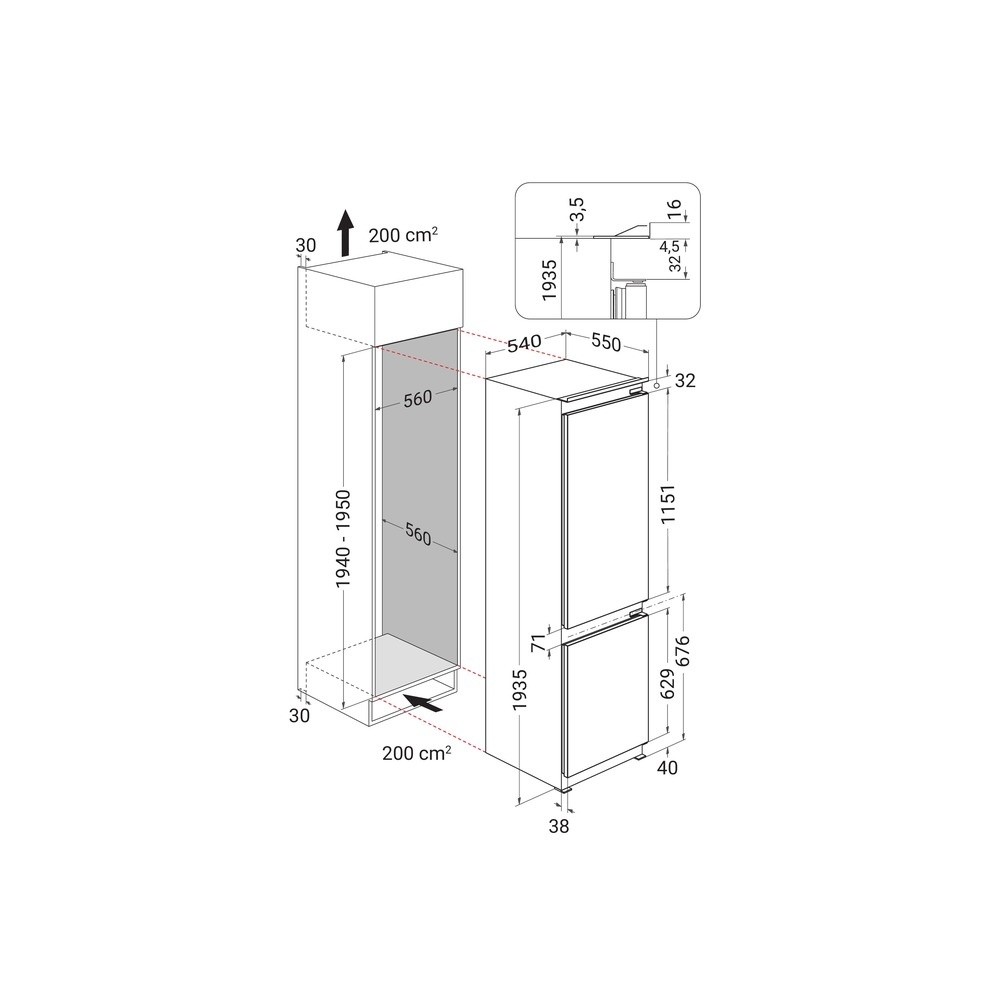 Whirlpool Kombinovaná chladnička s mrazničkou Vstavané WHK2 5322 B4E Zinc Metal 2 doors Technical drawing