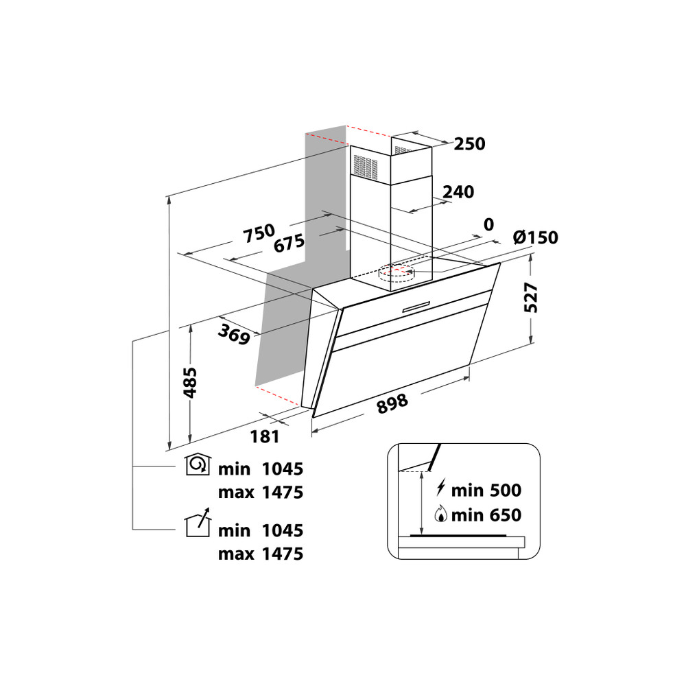 Whirlpool Odsavač par Vestavné WHVS 90F LT C K Černá Wall-mounted Elektronické Technical drawing