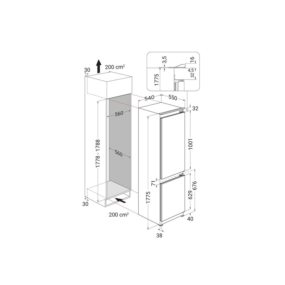 Whirlpool Réfrigérateur combiné Encastrable WHK2 5294 B6E1 Zinc Metal 2 portes Technical drawing