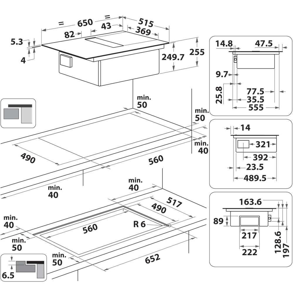 Whirlpool Venting cooktop WVH 1065B Zwart Technical drawing