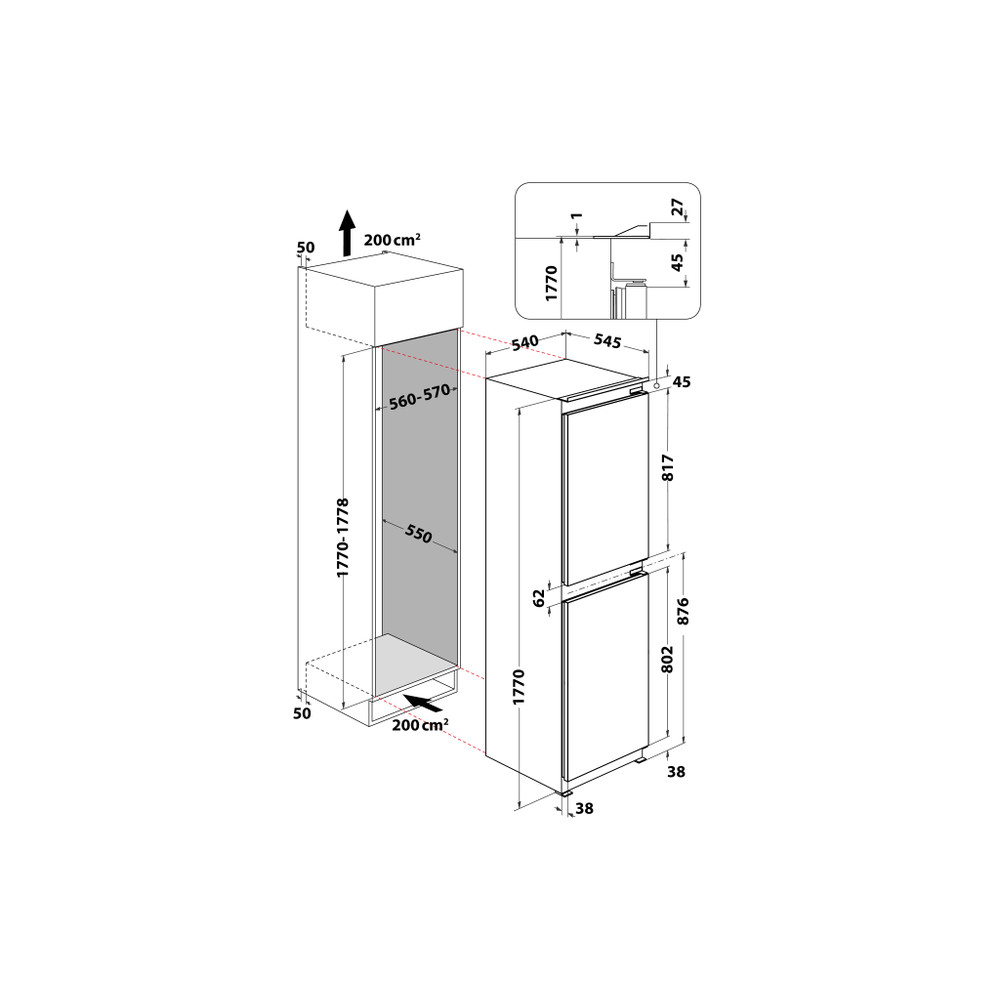 Hotpoint Fridge-Freezer Combination Built-in HBC18 5050 F2 White 2 doors Technical drawing