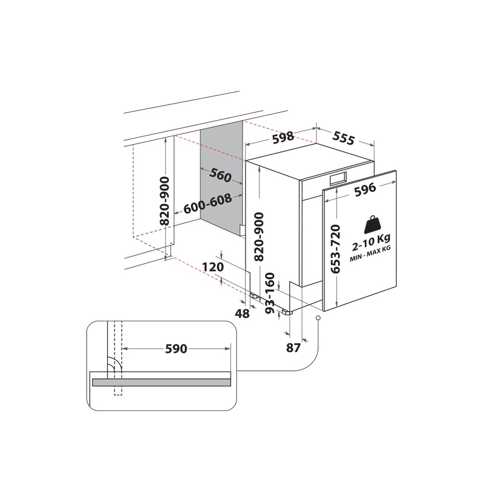 Whirlpool Máquina de lavar loiça Encastre W0I D734L S Encastre total D Technical drawing