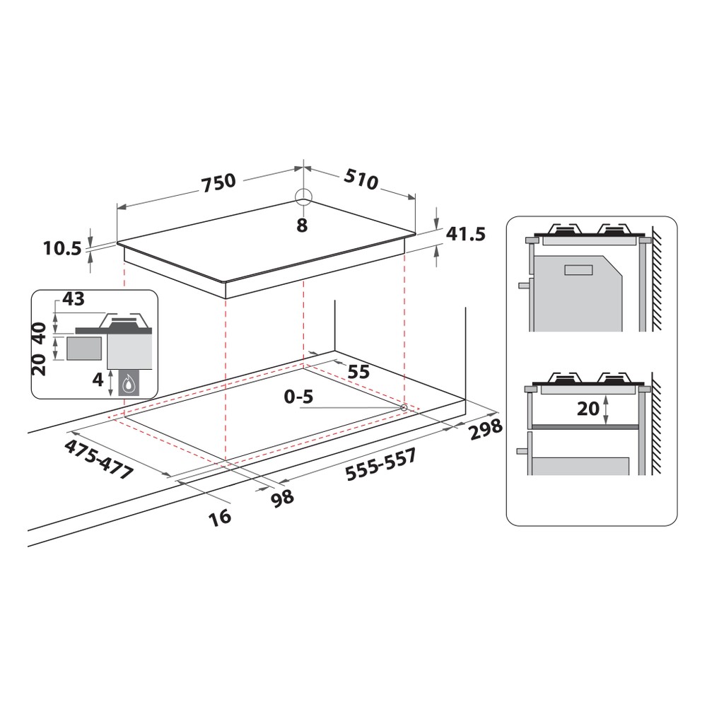Hotpoint_Ariston Печка FTGHG 751 D/HA(BK) Черно Газова Technical drawing