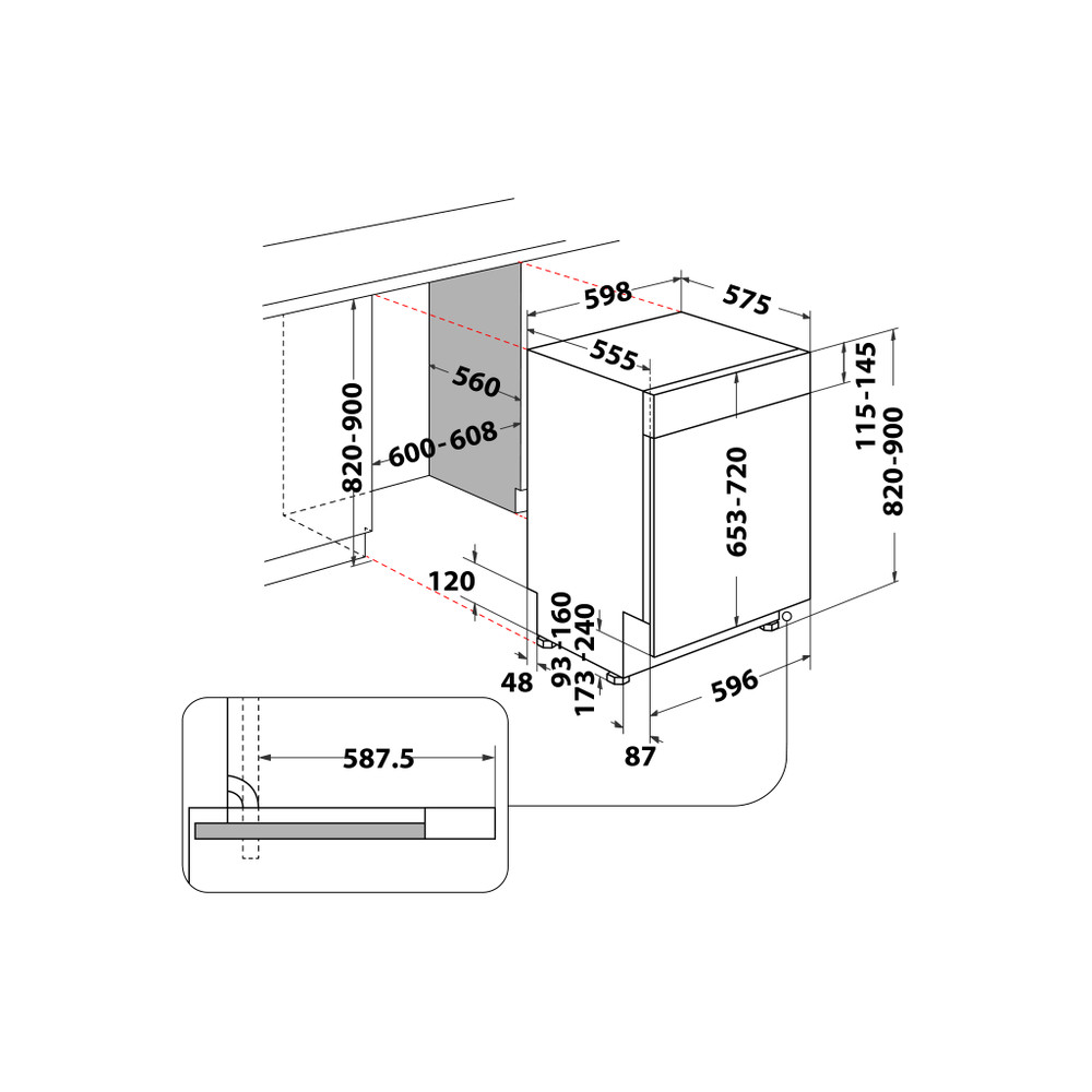 Whirlpool Umývačka riadu Vstavané WBO 3T333 P 6.5 X Half-integrated D Technical drawing