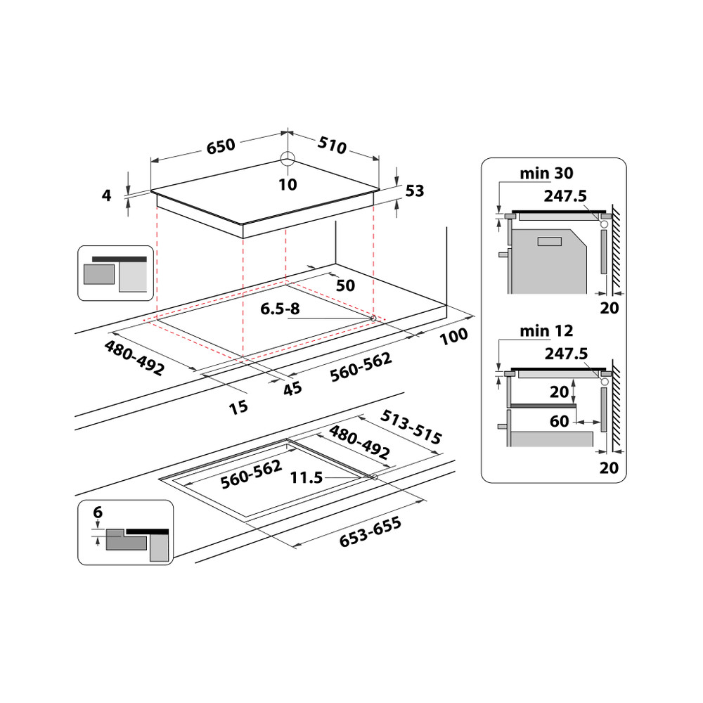 Whirlpool Table de cuisson SMP 658C/NE/IXL Noir Induction vitroceramic Technical drawing