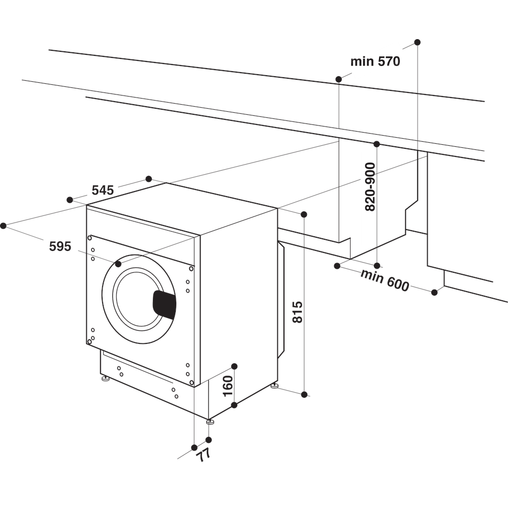 Whirlpool Was-droogcombinatie Inbouw BI WDWG 961485 EU Wit Voorlader Technical drawing