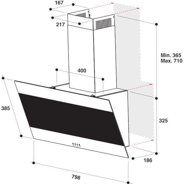 Indesit Dampkap Inbouw IHVP 83F LM K Zwart Wandmodel Mechanisch Technical drawing