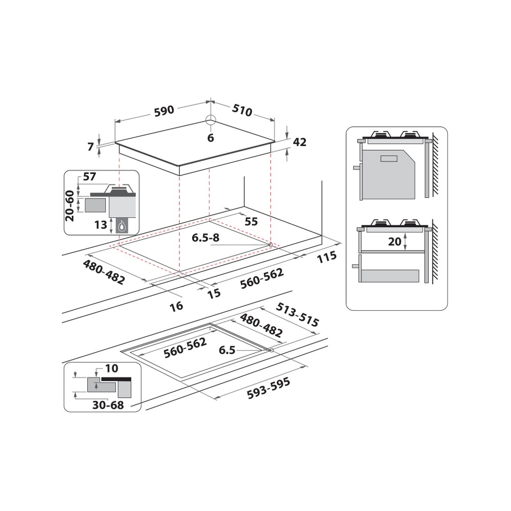 Whirlpool Encimera GOB 616/NB Negro Gas Technical drawing