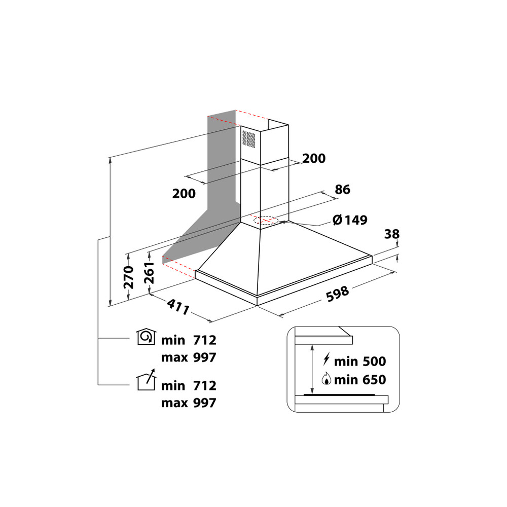 Whirlpool Afzuigkap Ingebouwd WHCN 64 F LM X/1 Rvs Wandmodel Mechanisch Technical drawing