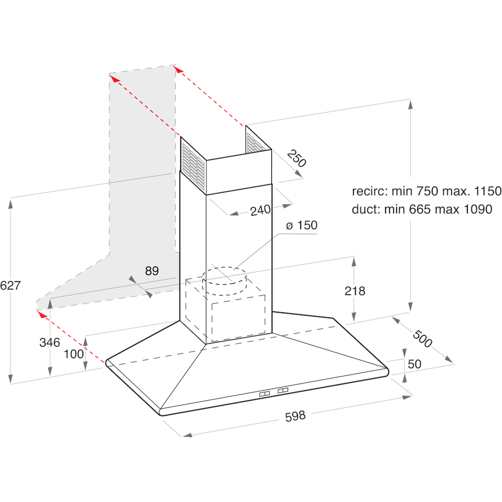 Ariston HOOD Built-in AHC 9.7F AB X Inox Wall-mounted Electronic Technical drawing