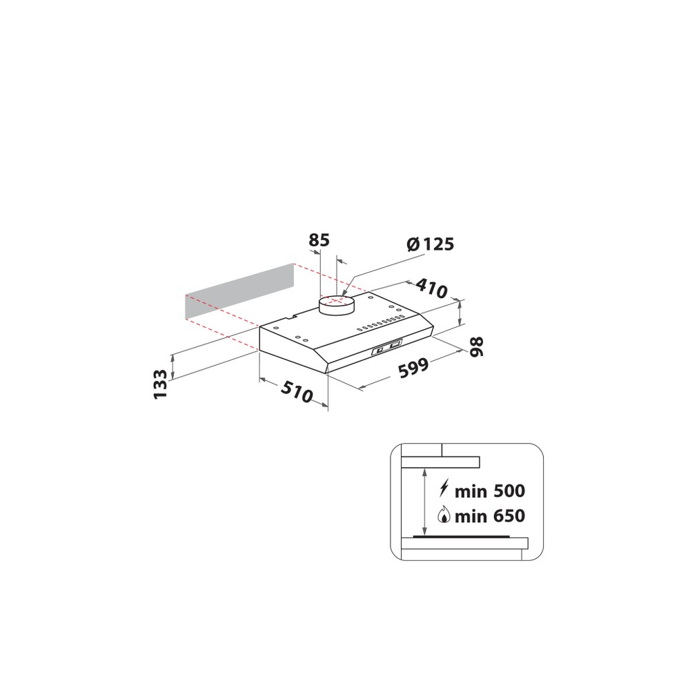 Bauknecht Dunstabzugshauben Einbaugerät DC 5460 IN/1 Edelstahloptik Wandmontage Mechanisch Technical drawing